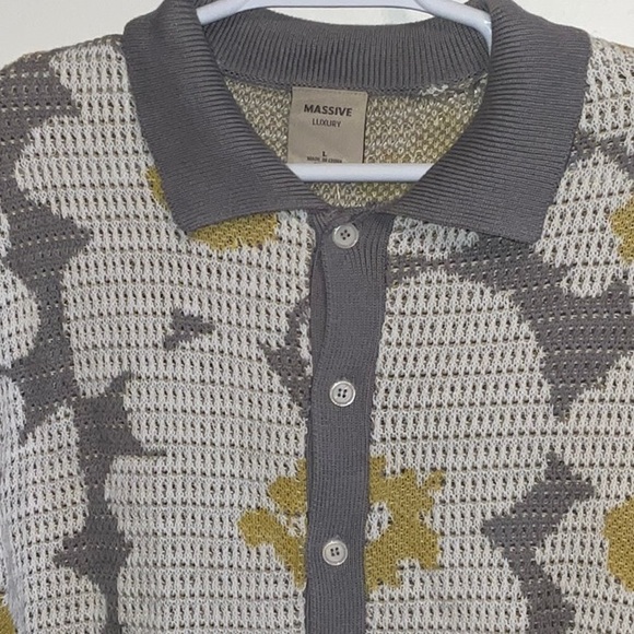 MASSIVE LUXURY FLORAL RETRO CROCHET KNIT GREY YELLOW FULL BUTTON SHIRT SIZ M NWT - Picture 1 of 9